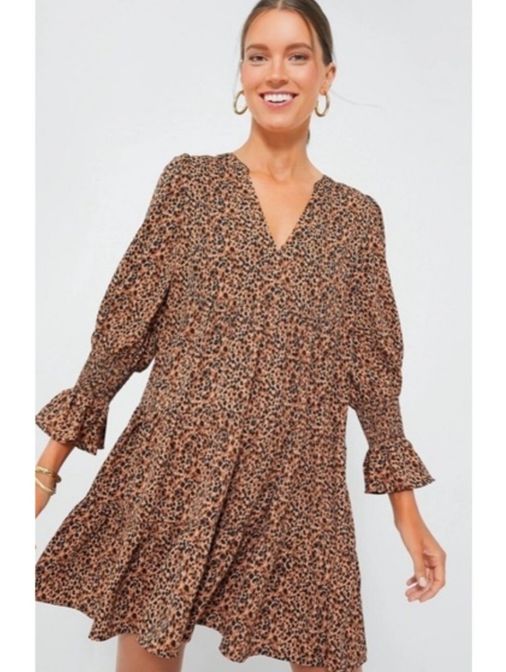 Tuckernuck Pomander Place brown leopard print tiered long sleeve dress